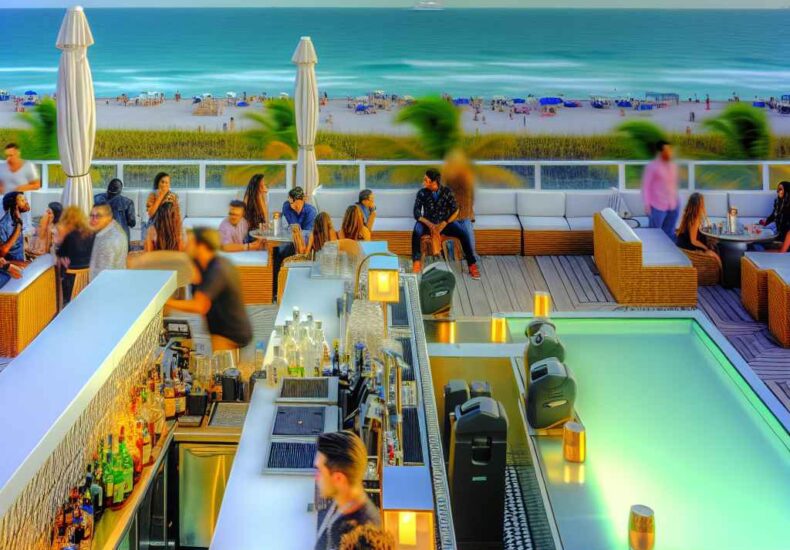 Rooftop bar overlooking the Miami skyline and ocean at dusk
